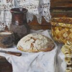 «Деревенский натюрморт: хлеб, кувшин и плетёная корзина».