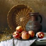 «Летний натюрморт: персики, кувшин и плетёная корзина».