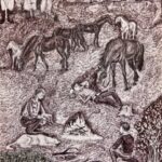 «Пасторальная сцена: отдых у костра в окружении лошадей».