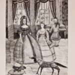 Гравюра викторианской эпохи: две дамы в пышных платьях с кринолинами стоят в роскошной комнате, на заднем плане служанка у стола, на полу — собака и шляпная коробка.