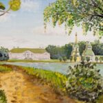 Пейзаж усадьбы Кусково: дворец в стиле классицизма, церковь с куполами на фоне зелени, извилистая тропинка у воды.