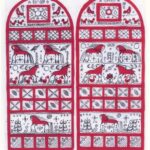 мезенская (палащельская) роспись, композиция с конями, птицами и геометрическим орнаментом.
